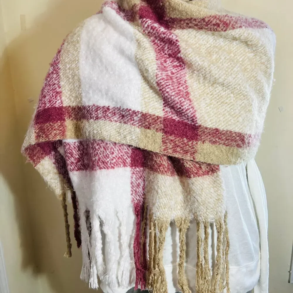 Calvin Klein Blanket Scarf Pink Cream Plaid Fringe Cabincore Cozy Gorpcore